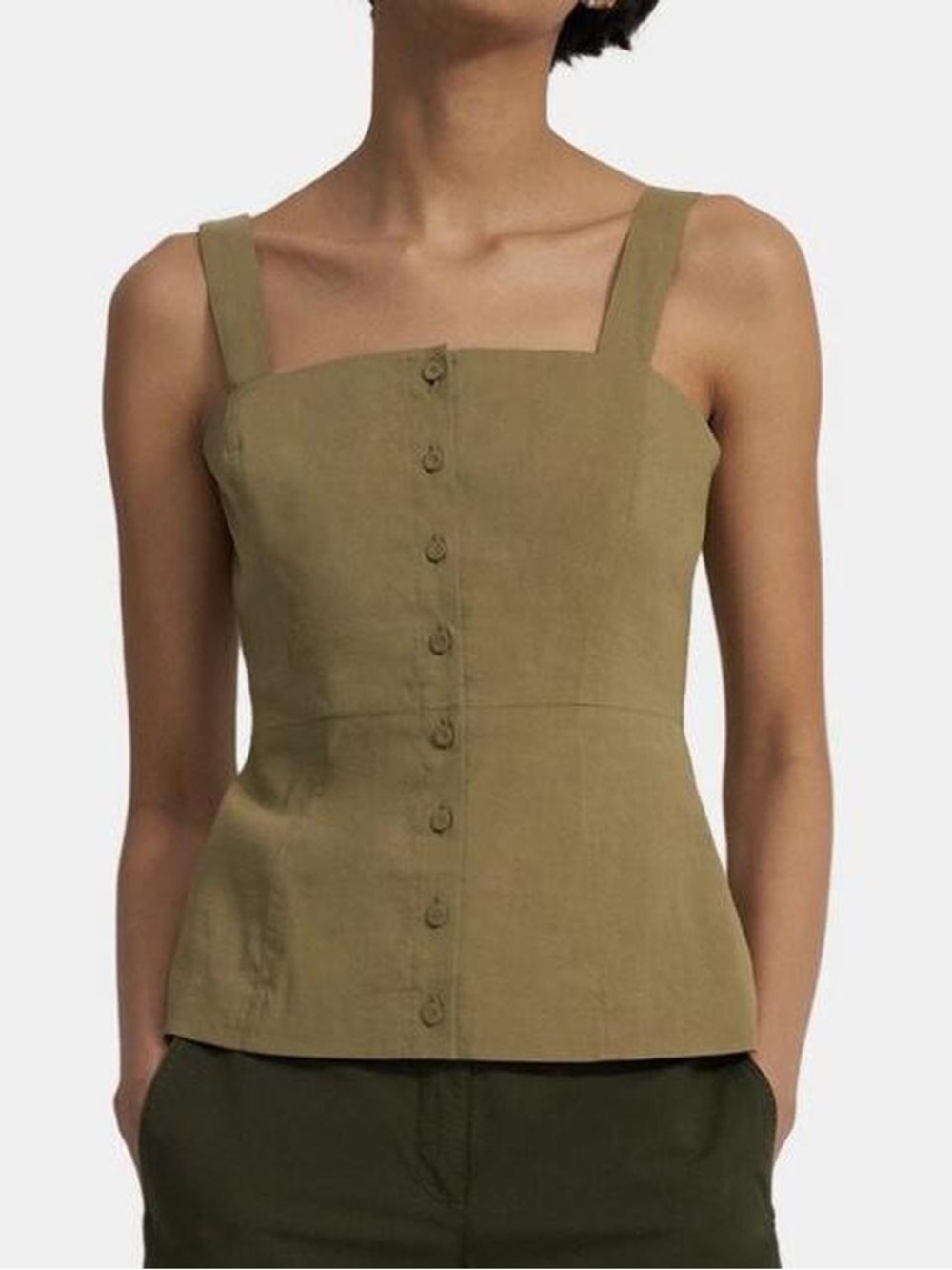 Theory Kayleigh Olive Green Linen Button Down Tank Top